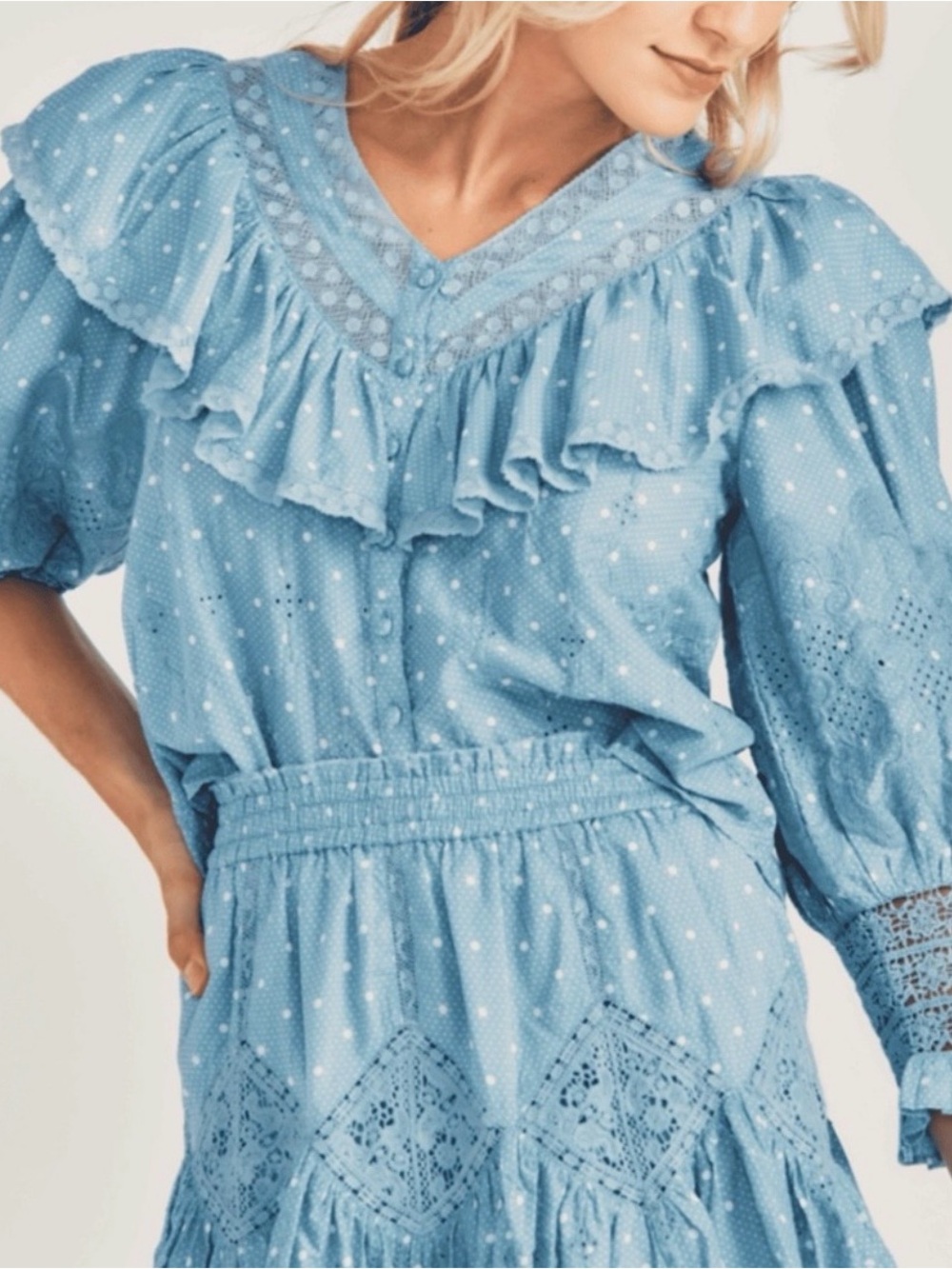 LoveShackFancy Blue Polka Dot Ruffle Blouse